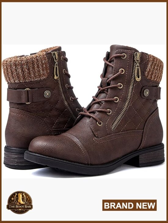 Shoes - Women's Ankle Booties Combat Boots Low Heel Lace Up Side Zipper Fall
